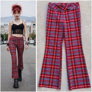 Punk Girl 90s Red Plaid Low-Rise Flares